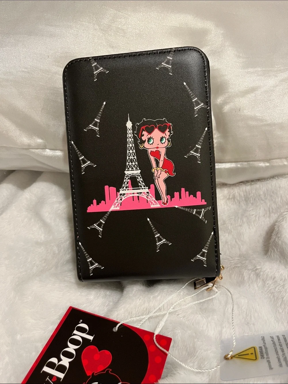 Betty Boop Black Phone Wallet Case with Pink Eiffel Tower Graphic